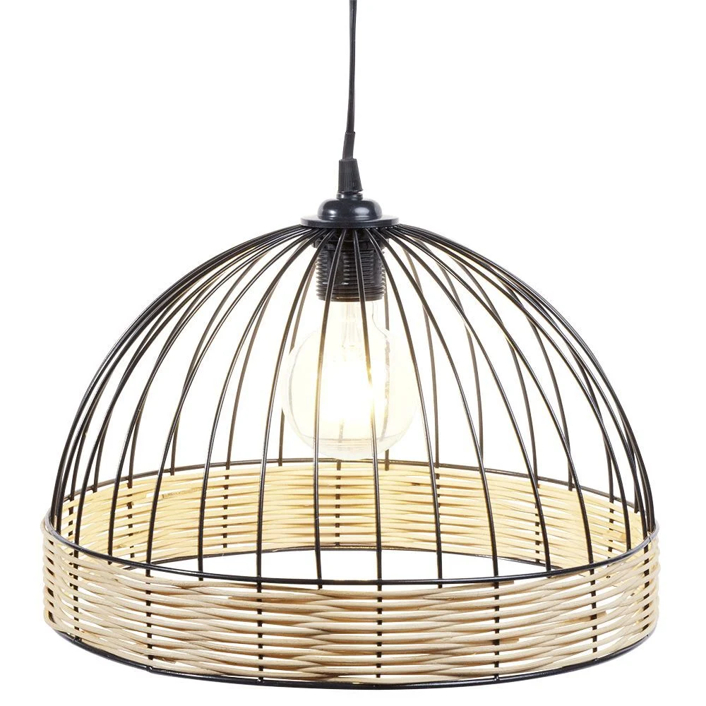 Suspension ronde métal osier noir et marron Ø35xH22cm