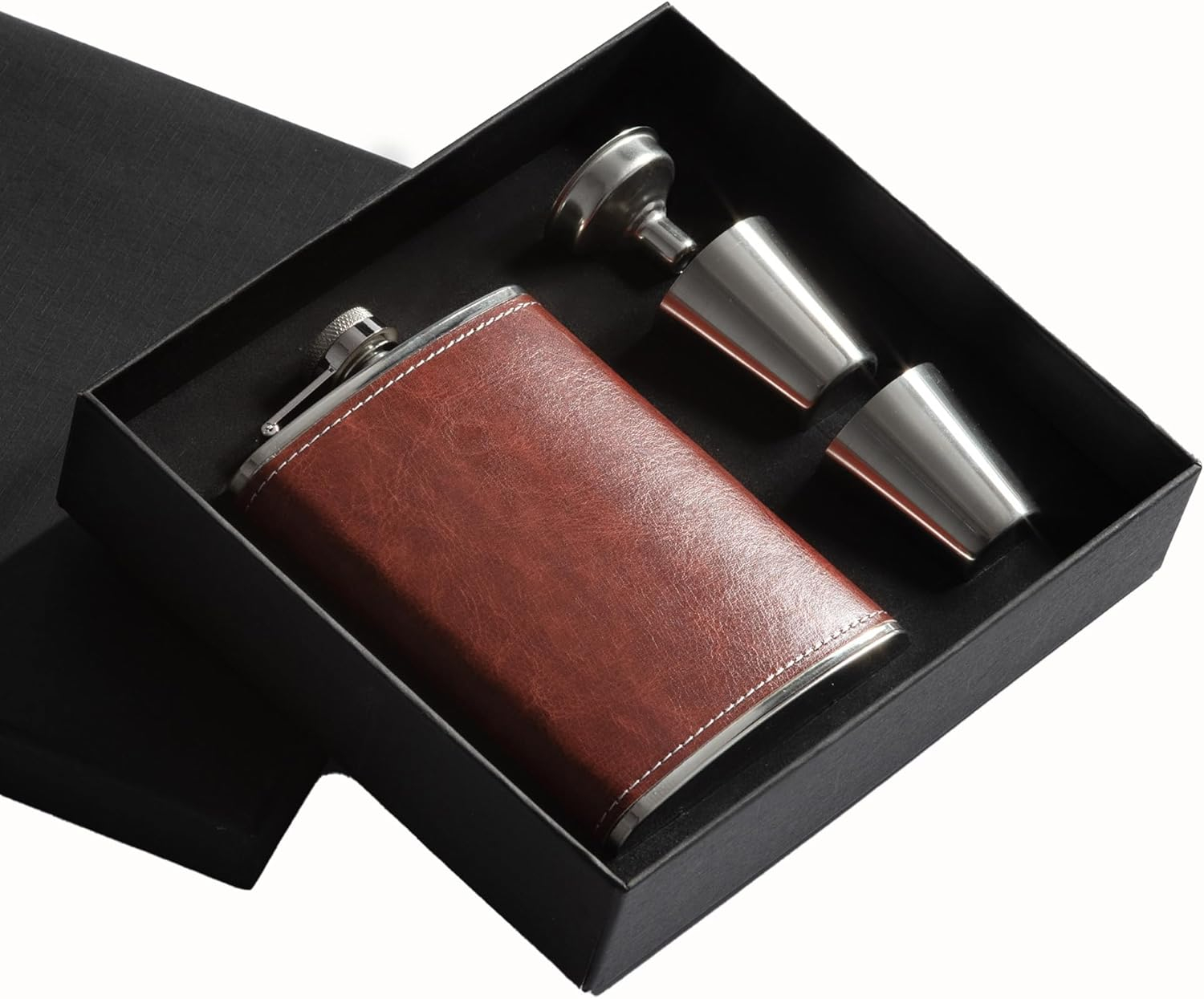 (236ml) Edelstahl Flachmann im Leder Design Edle Geschenkidee inkl. Trichter / Shot Becher - Braun / Silber