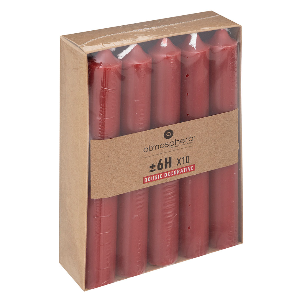 Lot de 10 bougies bâton rouges 45g H16cm
