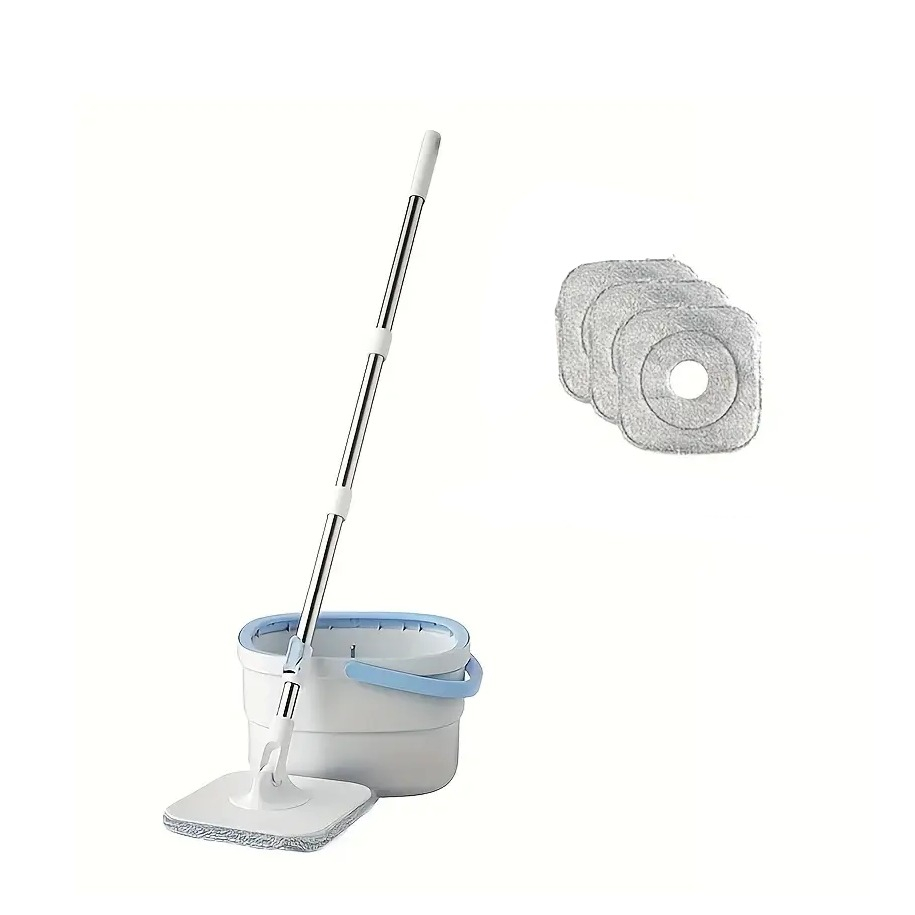 (5-tlg. Set) Dreh Wisch Mopp Bodenreiniger mit Auswringfunktion / Doppelkammer Eimer / Mikrofaser Pads - Weiss / Blau