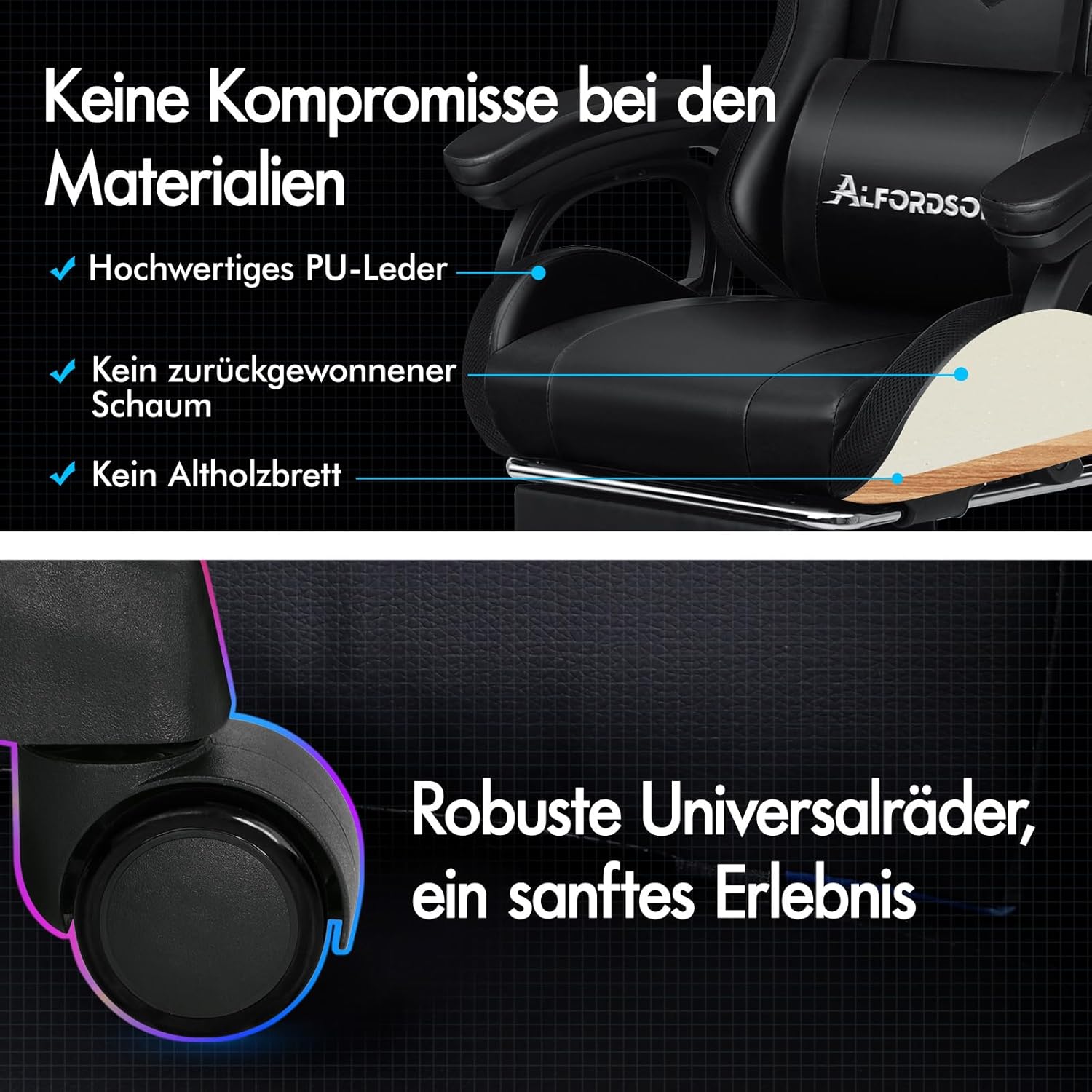 ALFORDSON Gaming Stuhl mit 8-Punkt Massage 12 Farben RGB LED-Licht, Bürostuhl Ergonomisch mit fußstützen, Kopfstütze Lendenkissen für Kinder Erwachsene, Schwarz