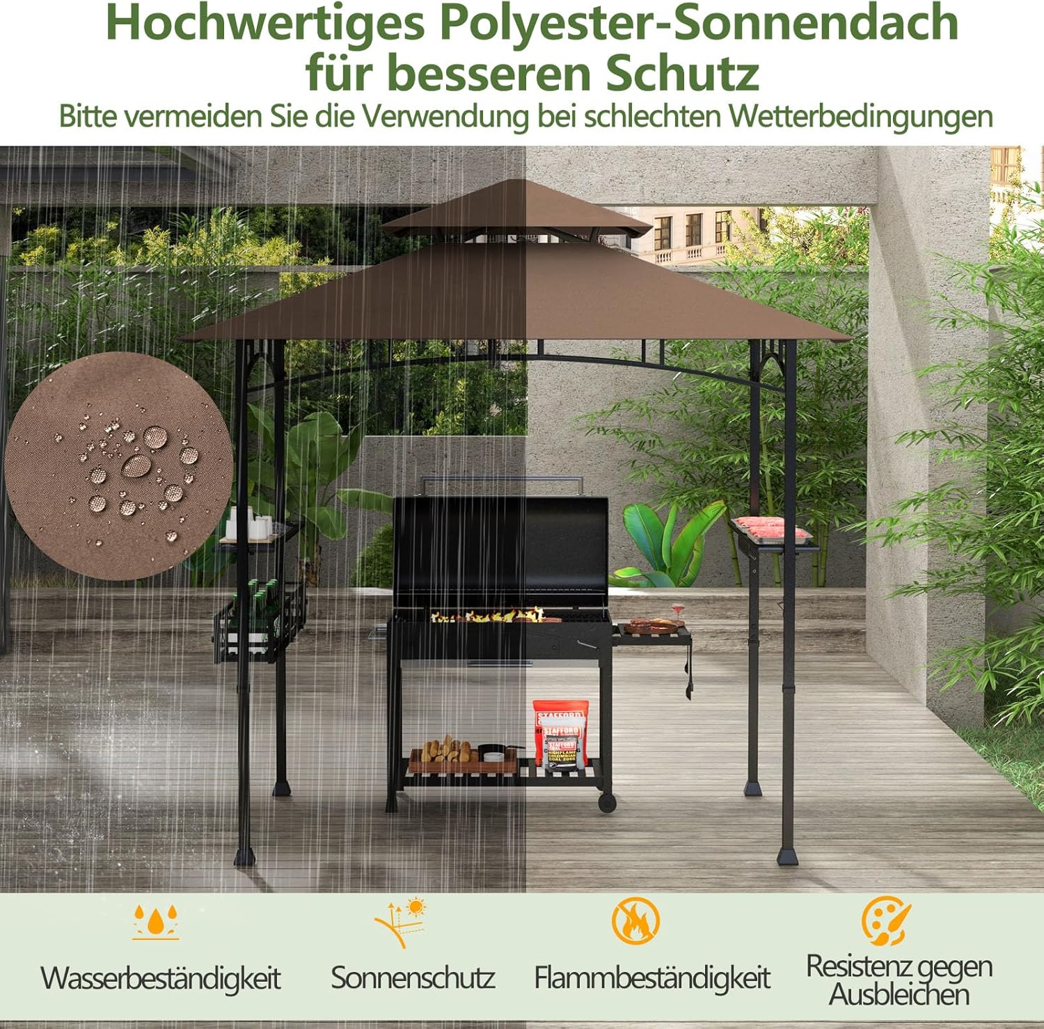 COSTWAY Grillpavillon mit Doppeldach, Seitenregalen, Metallkorb, Haken und Flaschenöffner, Grillüberdachungen wetterfest, Grillunterstand für Garten, Außenbereich, 242 x 153 x 250 cm (Braun)