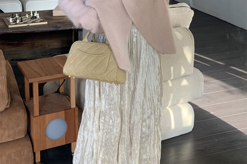 Duwnie - V-hals effen trui met strik en split / Hoge taille effen fluwelen maxi-A-lijn rok