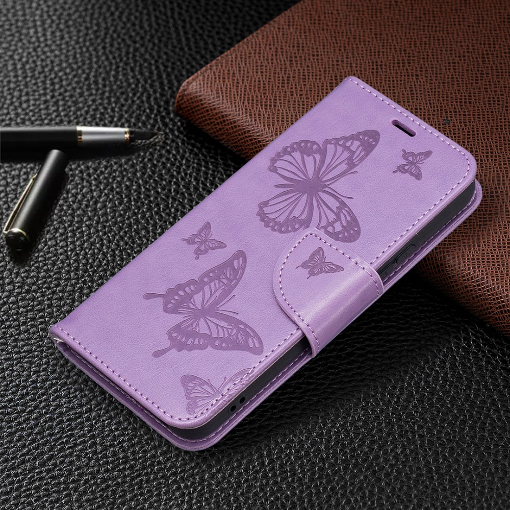 Samsung Galaxy S22 5G Leder Tasche mit Kartenfach   Handschlaufe Schmetterling - Lila