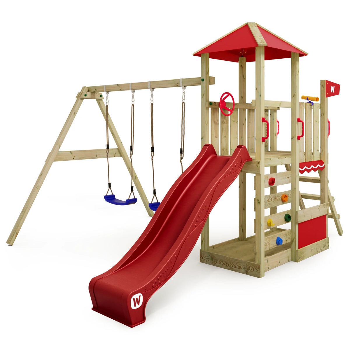 WICKEY Smart Savana speeltoren klimtoestel met schommel en glijbaan, speelhuis met klimladder en speelaccessoires – rood