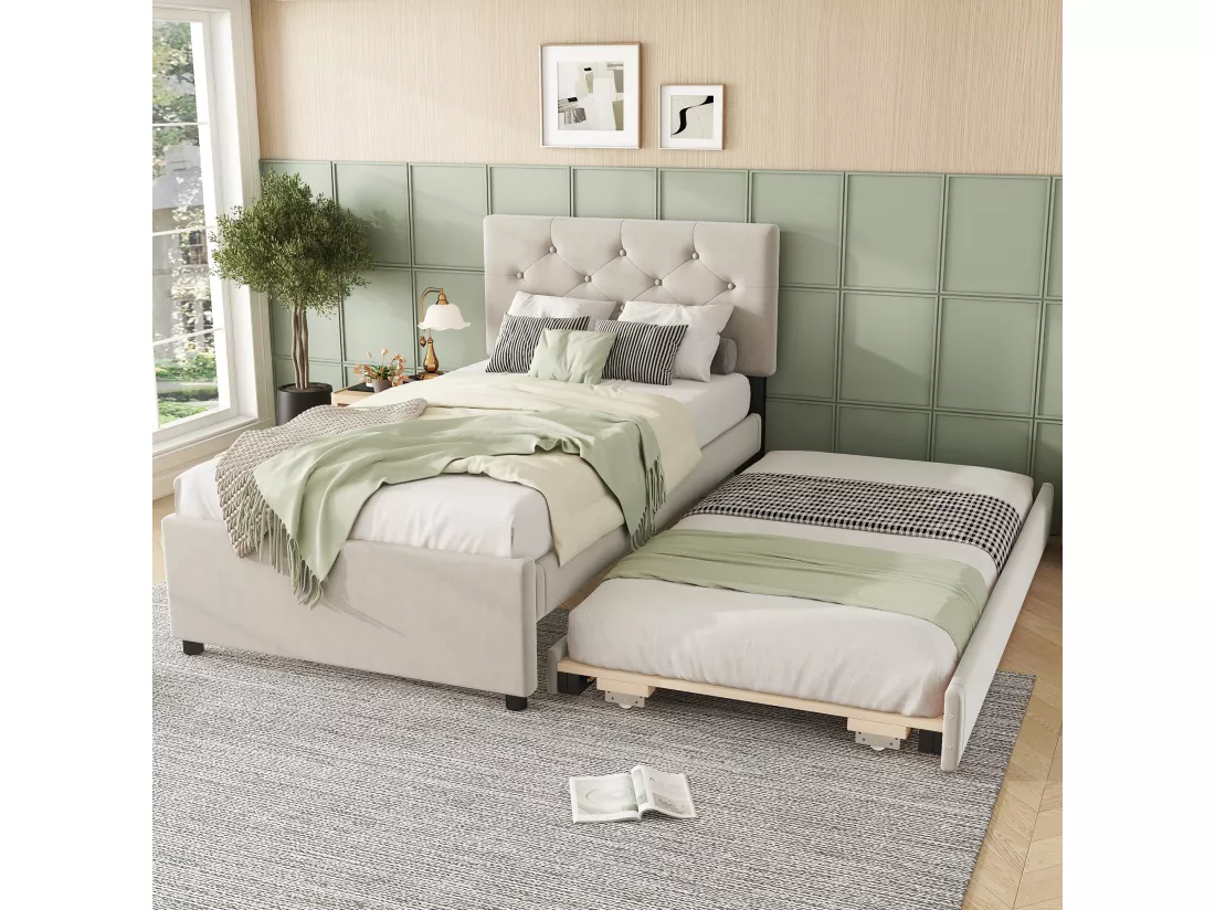 Lit gigogne 90 x 200 cm + 90 x 190 cm avec tête de lit - velours - beige (sans matelas)