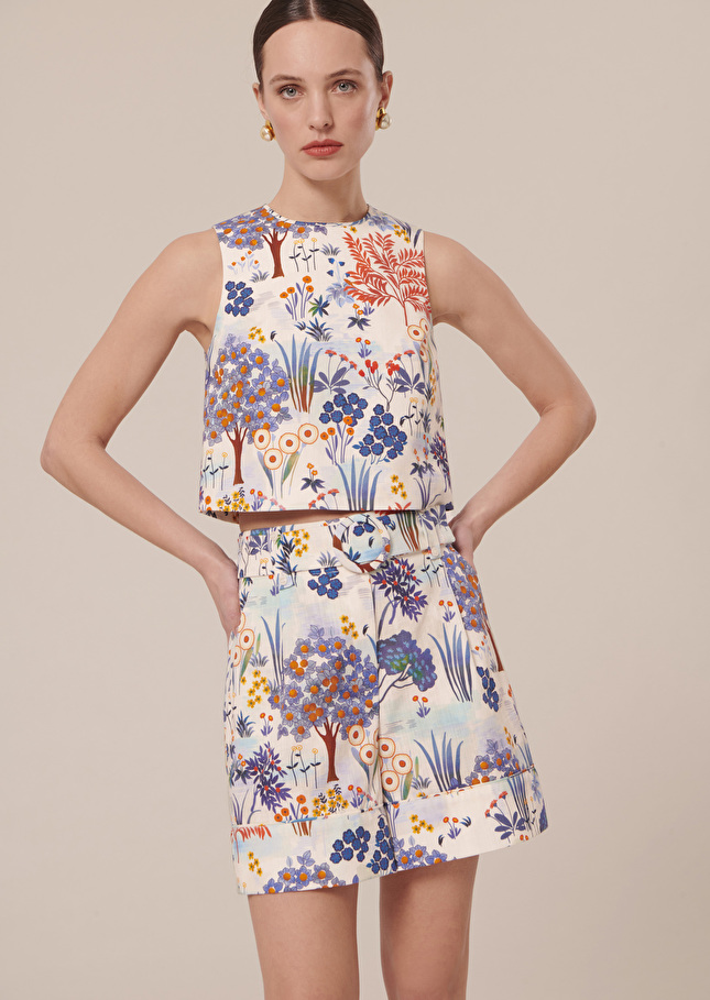 Top Teresableu imprimé fleuri en lin et coton