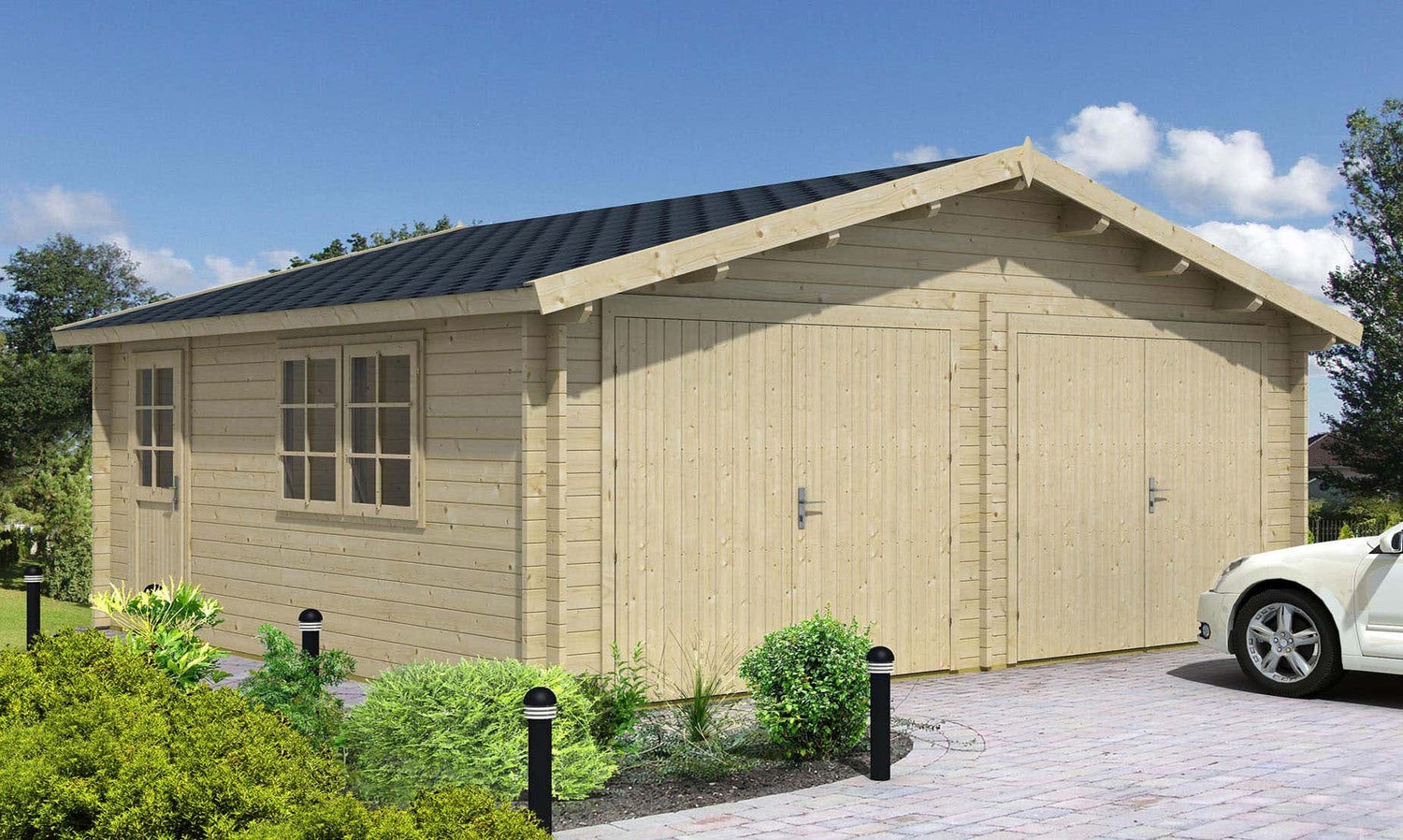 Alpholz Dubbele Garage D-44 ISO Garage van hout, parkeerplaats met 44 mm wanddikte inclusief berging, prefab garage met montagemateriaal, natuurlijke afwerking 6x5,3m