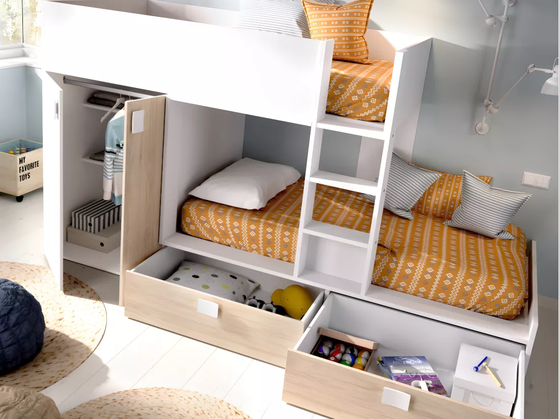 Lits Superposés 2 x 90 x 190 cm - Armoire intégrée - Blanc et naturel + matelas - JUANITO
