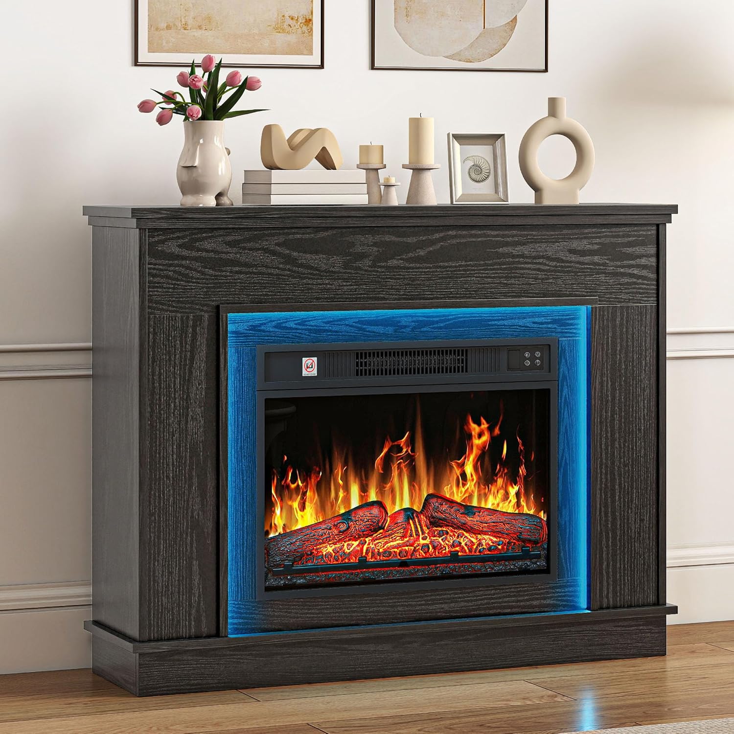 TAUS Elektrokamin mit Heizung, Elektro Kamin mit LED 3D-Flammeneffekt Elektrischer Kamin Standkamin mit LED-Ambientelicht, Timer, Thermostat, Fernbedienung (Schwarz)