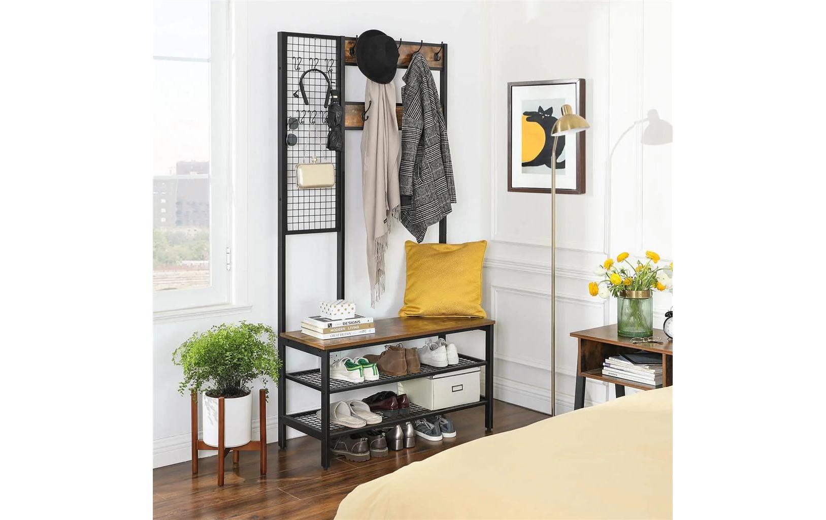 Garderobe mit Sitzbank 185 cm, Braun/Schwarz<br>Kleiderständer aus Holz