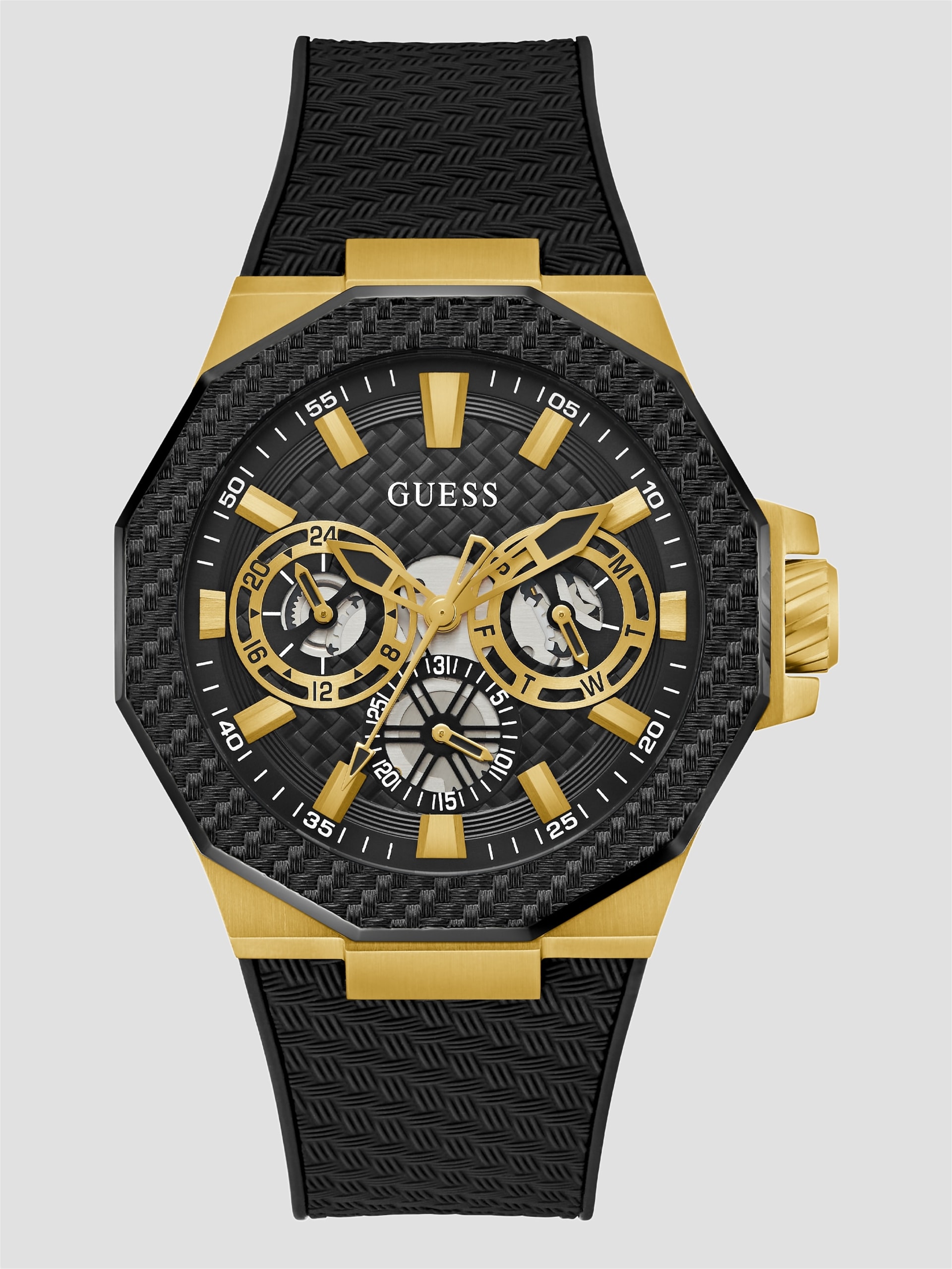 Relógio multifuncional preto e dourado
