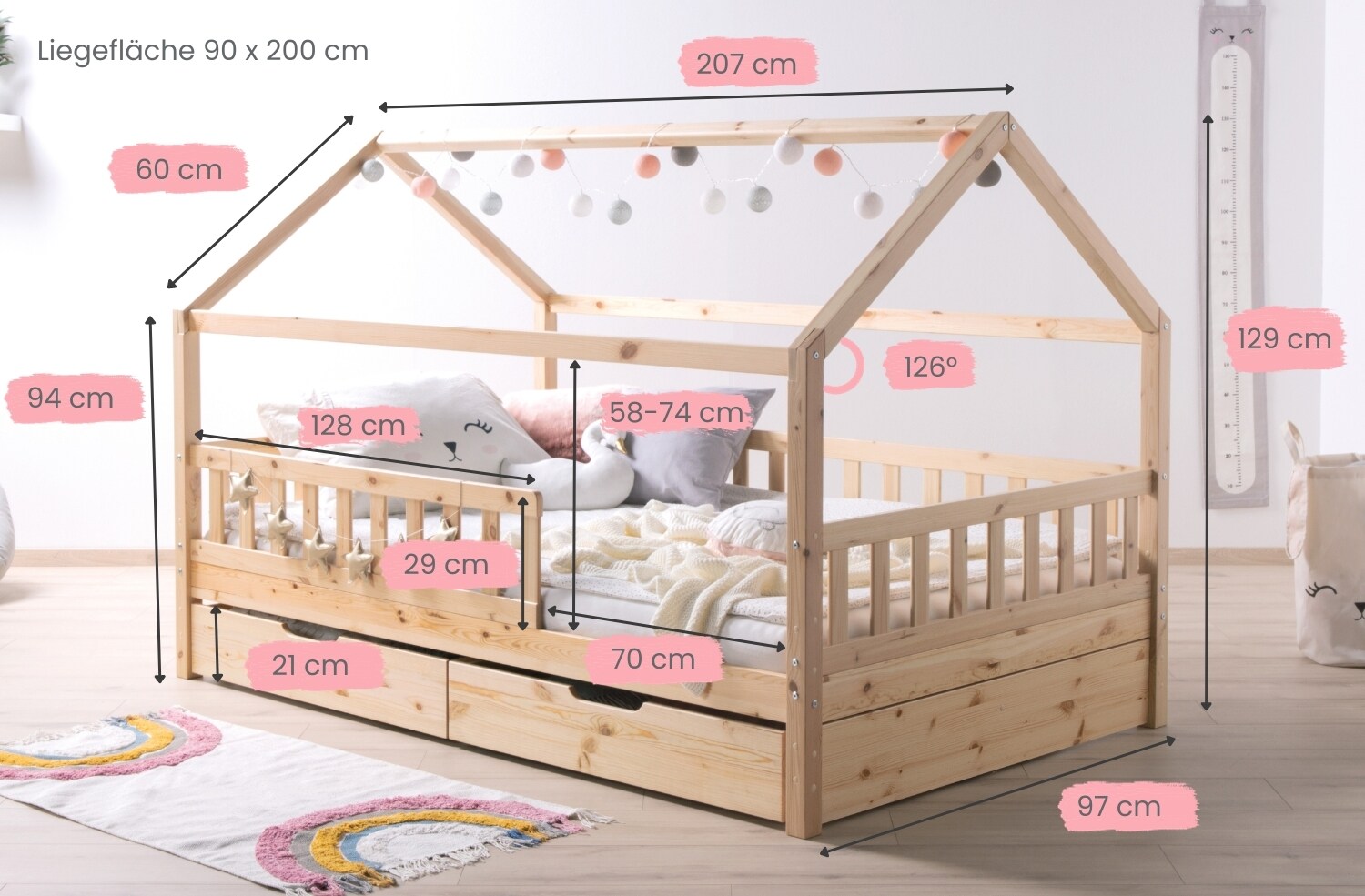 TiCAA TiCAA Kinderbett Hausbett mit Tüll Kim 90x200 cm, 100x200 cm, 120x200 cm, 140x200 cmfür Jungen & Mädchen, inkl. Rolllattenrost, Schubkasten und Rausfallschutz variabel, MontessoriBett Natur aus Kiefer Massivholz