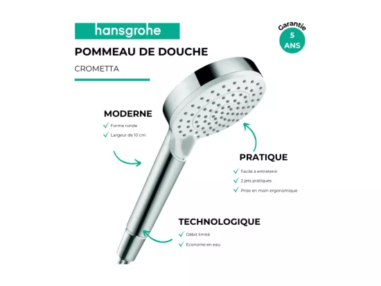 Pommeau de douche HANSGROHE Crometta EcoSmart 2 jets blanc/chromé + flexible de douche 1,60 m HANSGROHE Metaflex chromé