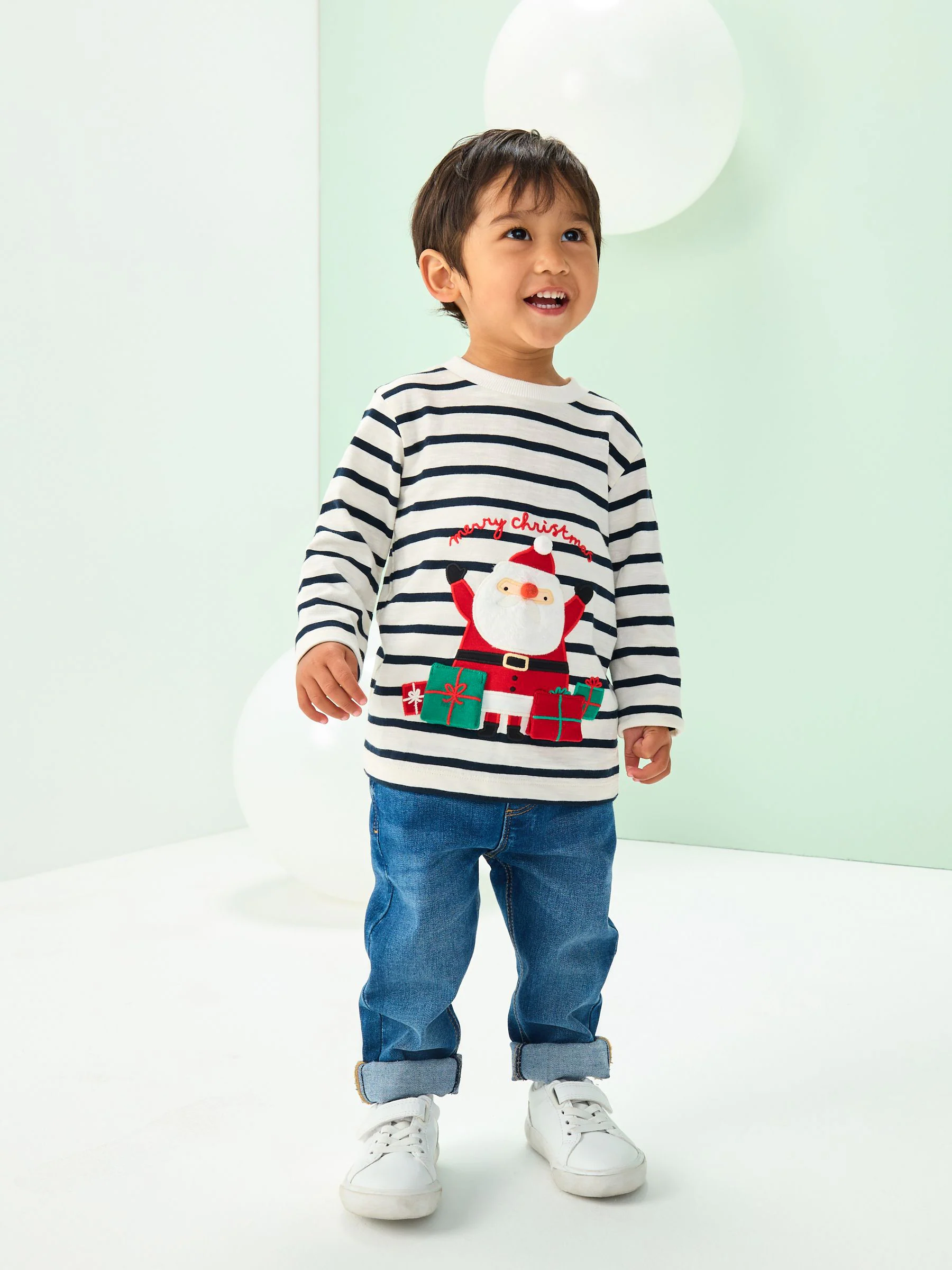 Wit/blauw Santa-applicatie - Kerst-T-shirt met lange mouwen (3mnd -7jr)