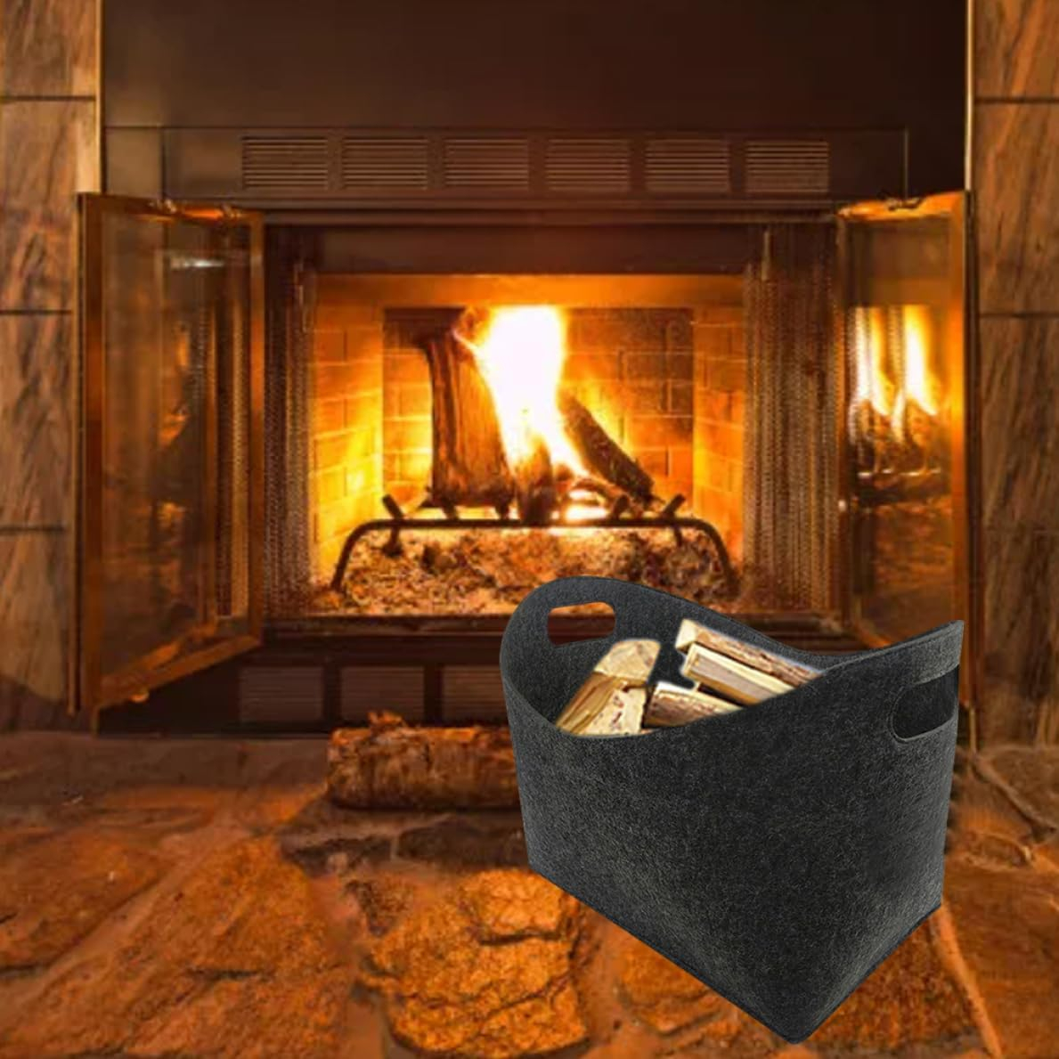 (80x30cm) Kamin Holz Filz Aufbewahrungs Tasche Feuerholz Transporttasche Brennholz Träger mit Griff - Grau