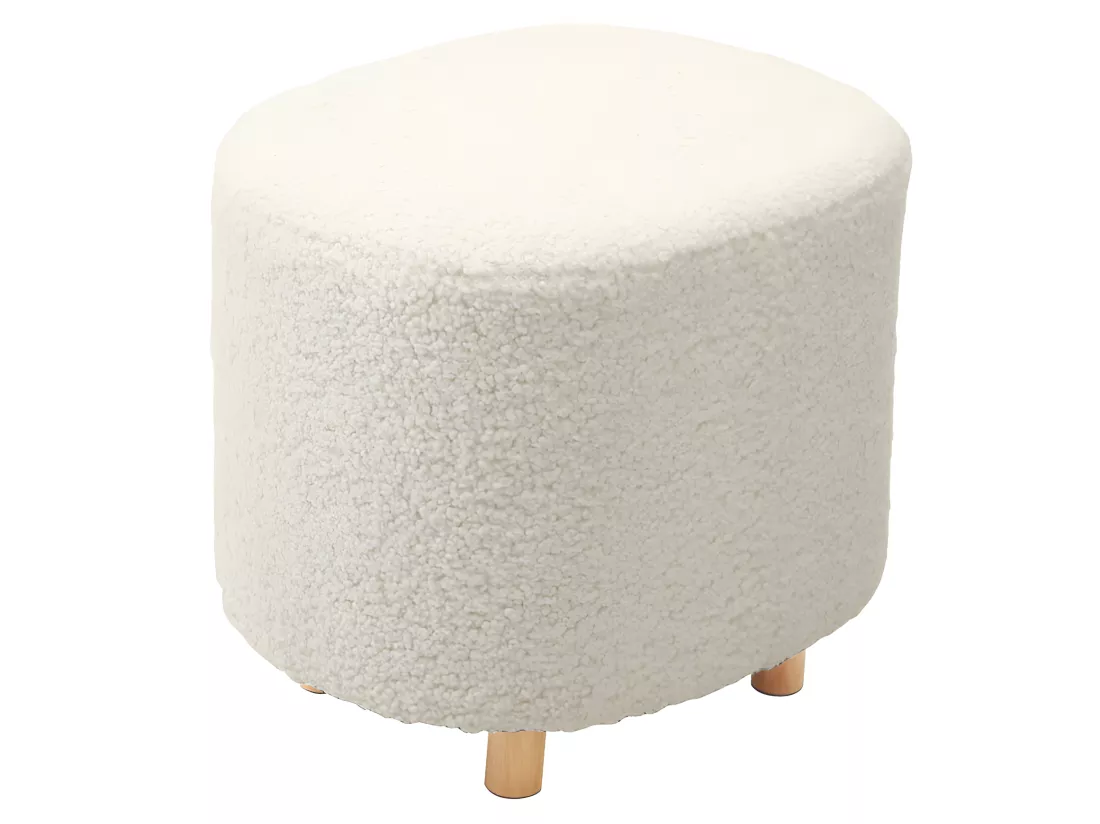 Pouf en tissu bouclette écru imitation laine et pieds en bois - SHAUN