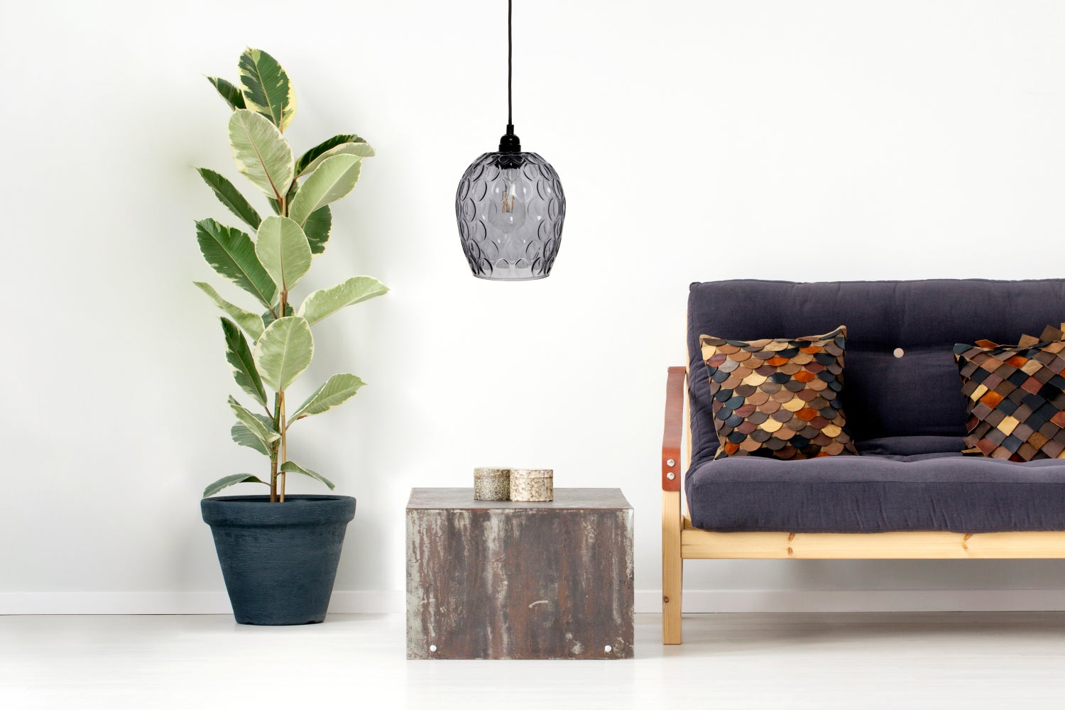 Vintage glazen lamp, grijs, retro hanglamp, glazen bollamp, 27 cm | Woonkamer/eetkamerlamp