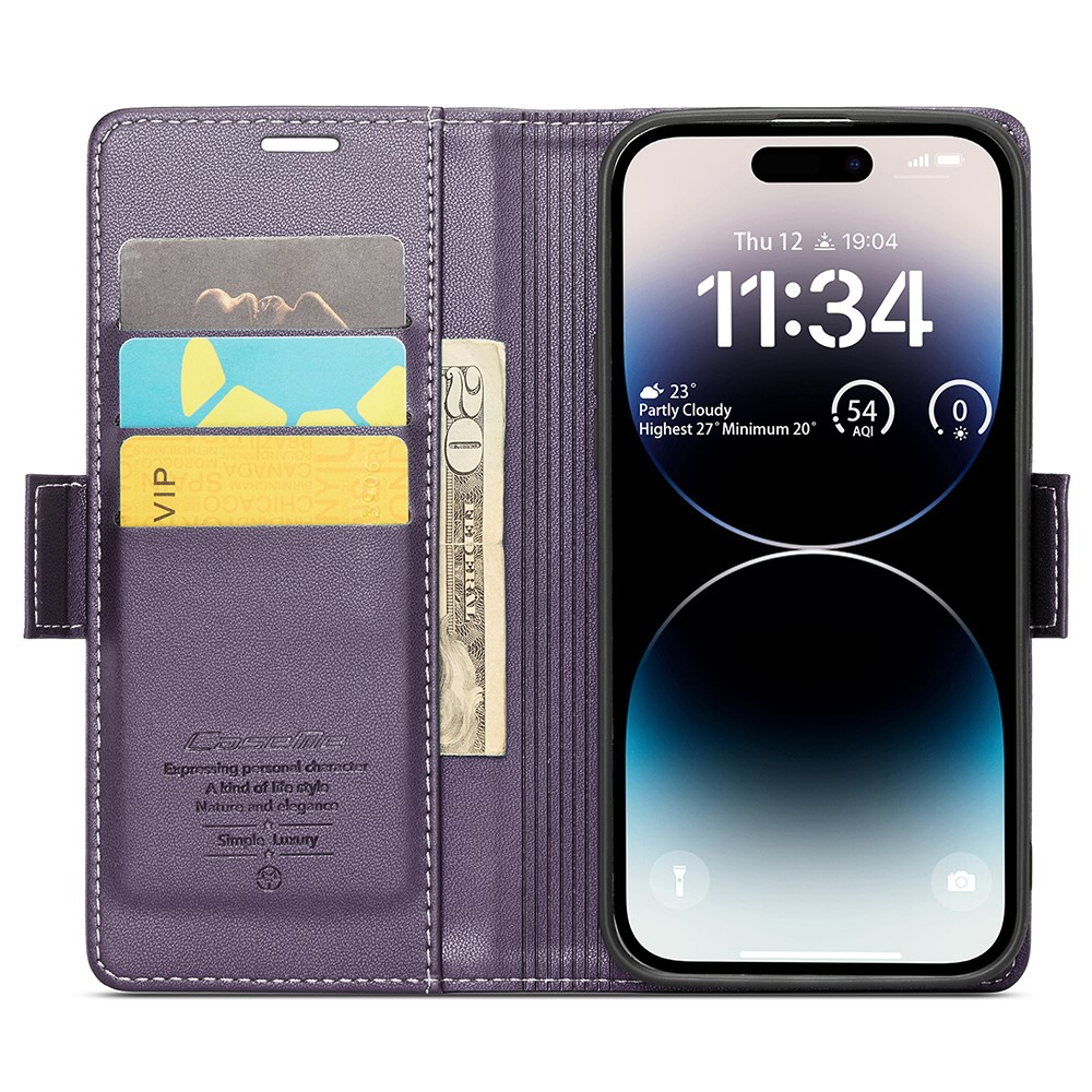 iPhone 15 Pro Leder Tasche Flip Wallet Etui mit Kartenfächern Litchi Look (RFID Schutz) - Violett