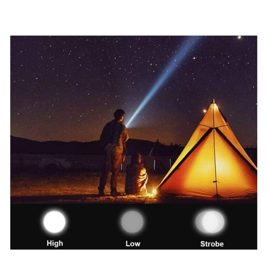 500LM LED Aluminium USB Taschenlampe mit 3 Leuchtmodi   Handschlaufe IPX-6 - Schwarz