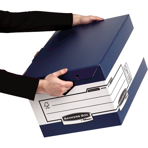Conteneur maxi bankers box heavy duty carton coloris blanc bleu montage automatique