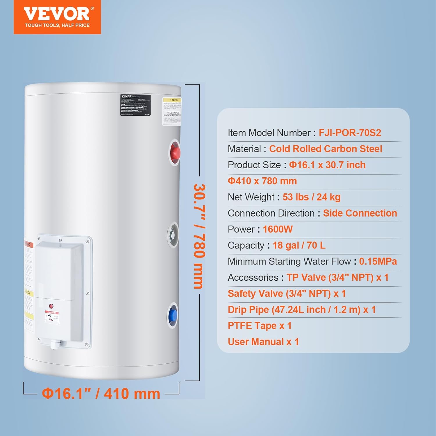 VEVOR Elektrischer Warmwasserbereiter, 18-Gallonen-Tank, Durchlauferhitzer, 1,6 kW Tankless-Warmwasserbereiter mit LED-Anzeige, Drehknopfsteuerung, Durchlauferhitzer für Dusche, Bad