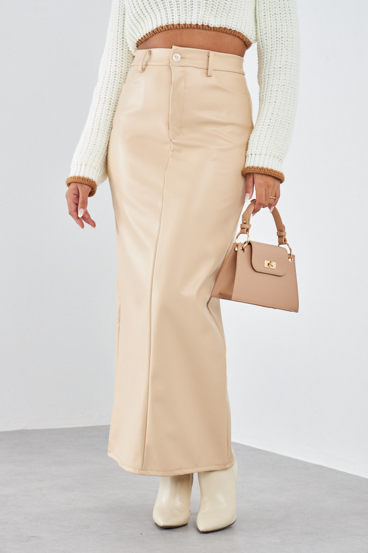 Jupe longue en simili cuir beige