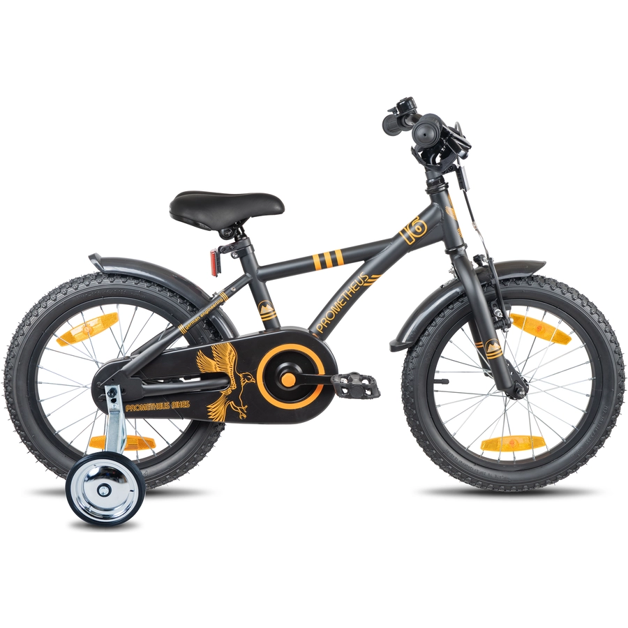 PROMETHEUS BICYCLES® Kinderfahrrad 16, Schwarz-Matt Orange mit Stützrädern