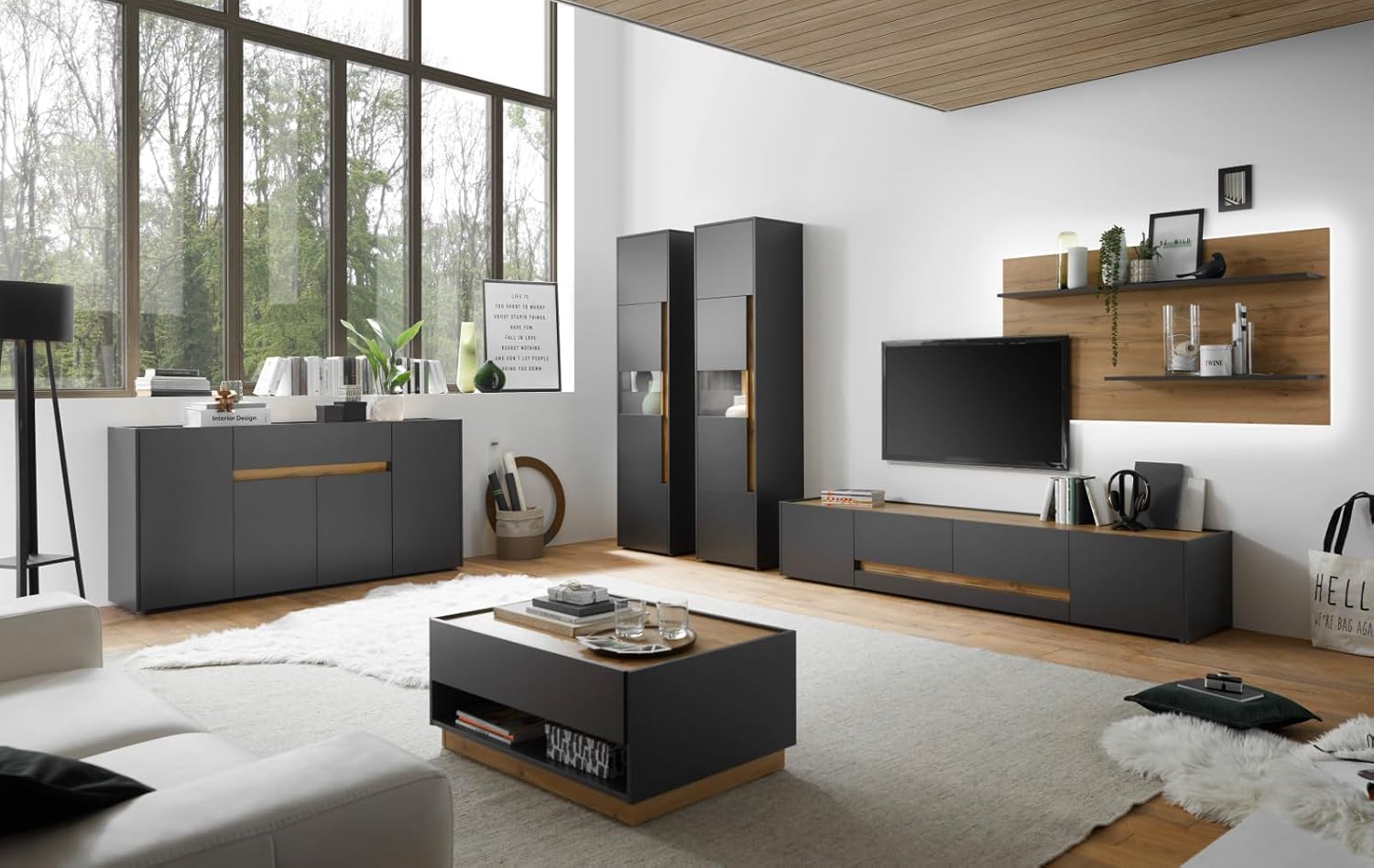 Sideboard Kommode in Eiche Wotan Holz und grau matt modern Wohnzimmer Esszimmer Schrank viel Stauraum 220 x 87cm Center (Kommode)