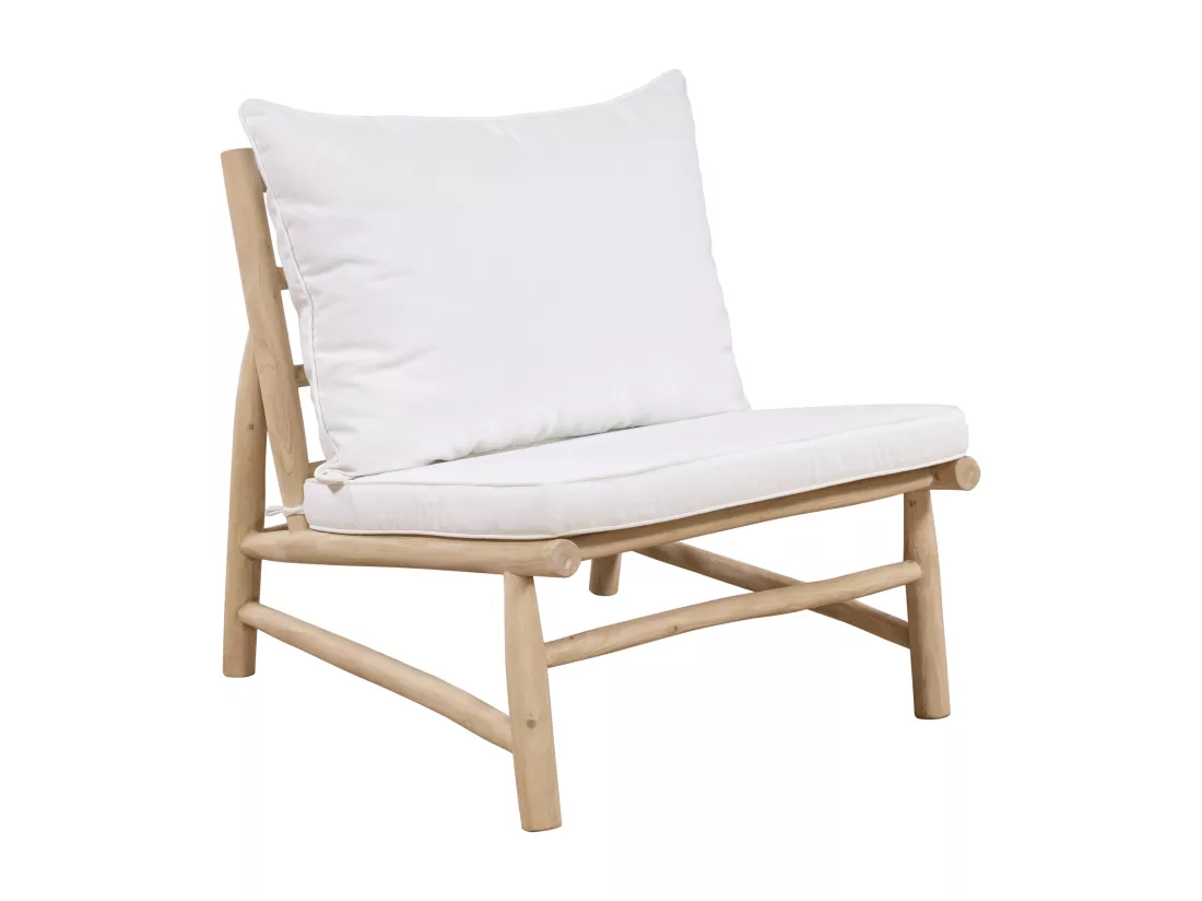 Salon de jardin en teck : un canapé 2 places, 2 fauteuils et une table basse rectangulaire - Naturel clair et blanc - TULUM de MYLIA