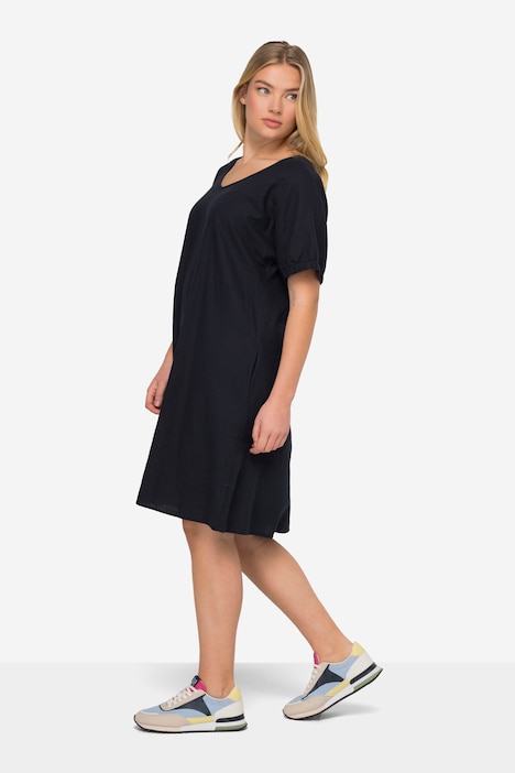 Leinenmix-Kleid, Rundhals, elastische Halbarm-Abschlüsse