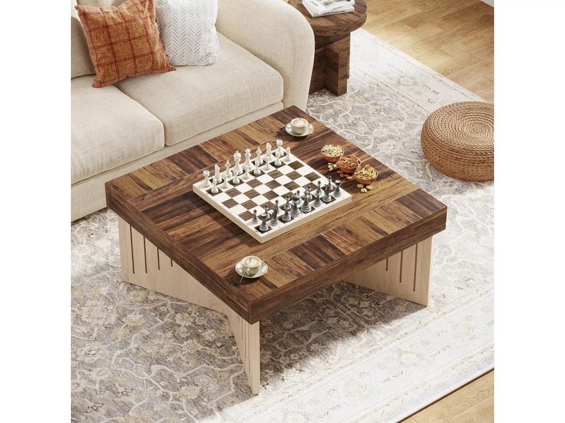 Tribesigns Table basse carrée en bois de 90 cm, table basse centrale de ferme avec lignes gravées, table basse pour salon