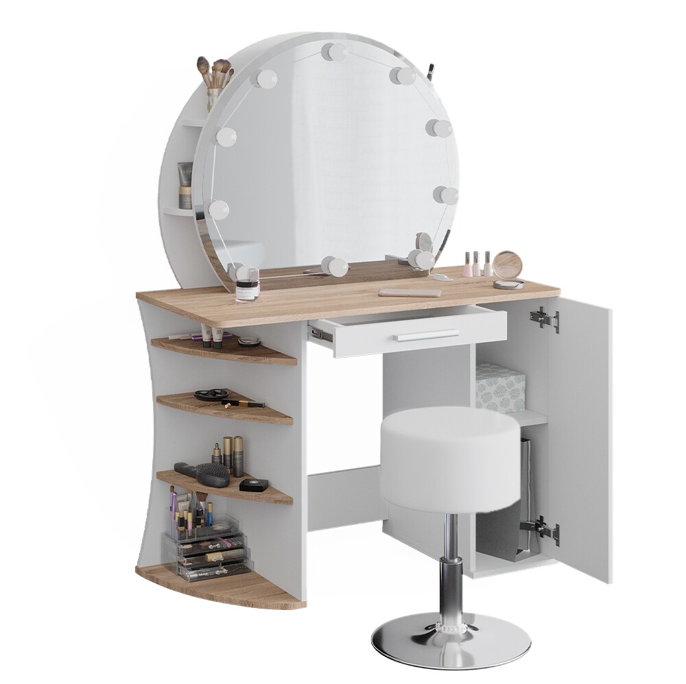 Vicco Schminktisch Frisiertisch Kosmetiktisch Almina Weiß Sonoma Schminkspiegel 100x143 modern LED Beleuchtung Hocker Schlafzimmerkommode Schminkkommode Schublade Frisierkommode Make-Up-Tisch
