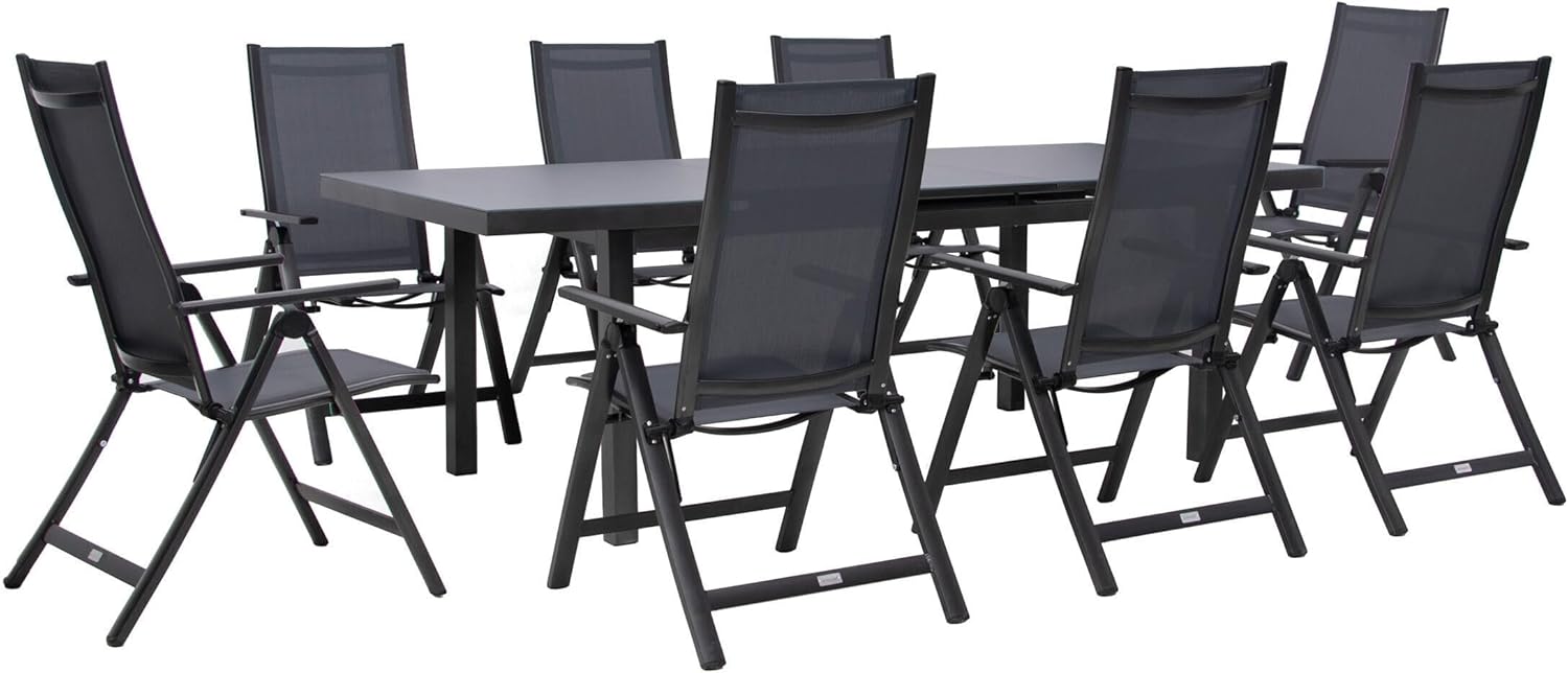OUTFLEXX Premium Garten-Essgruppe, anthrazit/grau, Alu/Textilene, Ausziehtisch 180/240x100cm, 8 Klappstühle
