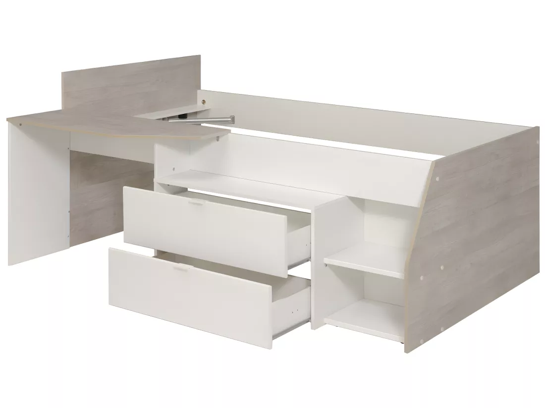 Lit avec bureau et rangements - 90 x 190/200 cm - Blanc et naturel + Sommier + Matelas - GISELE