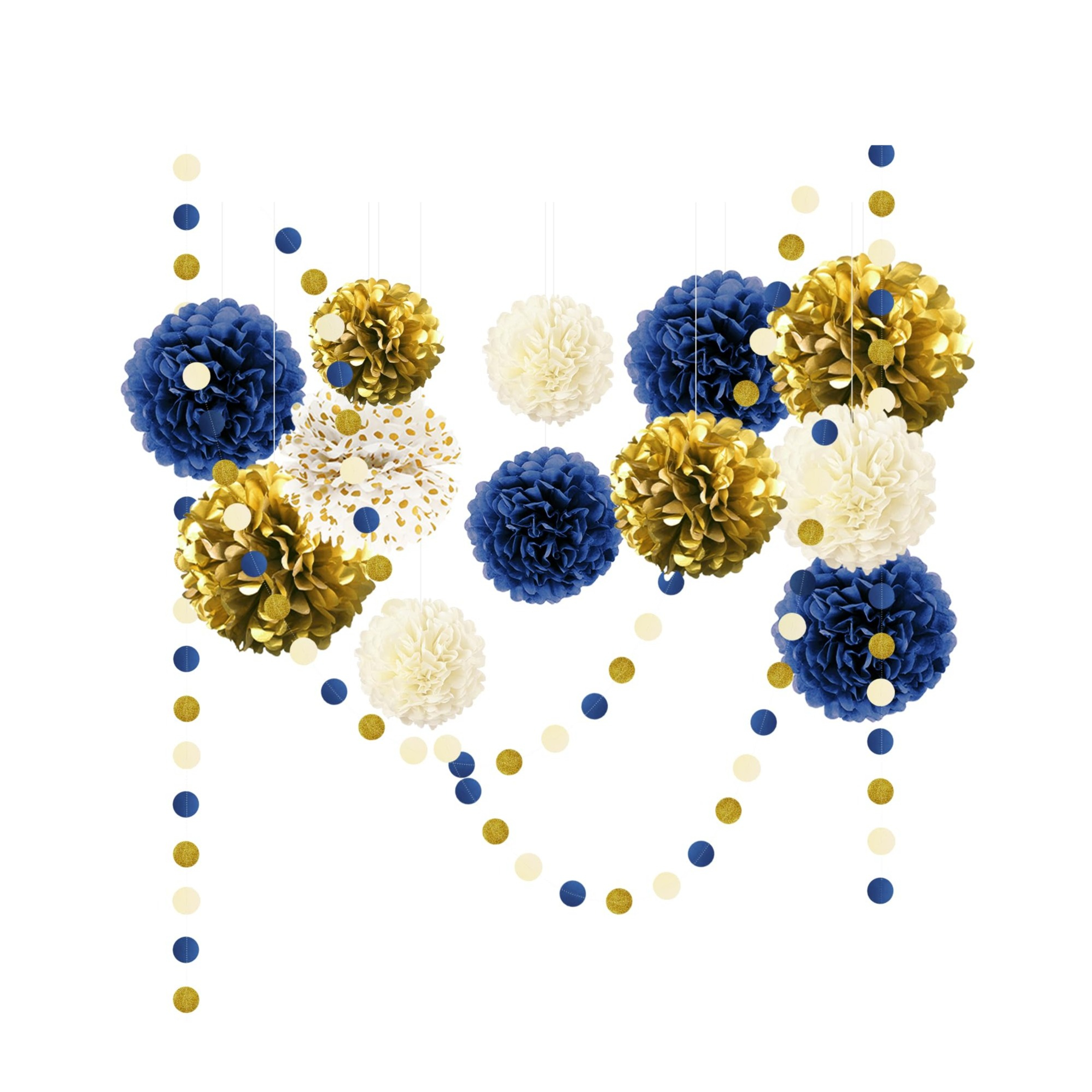 (15-tlg. Set) Papier Pompon's Deko Kreis Girlande Party / Geburtstag / Hochzeit - Blau / Gold / Beige