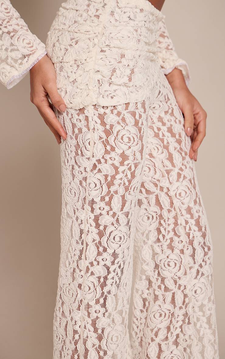 Crème Ensemble Coordonné Pantalon Évasé Superposition Dentelle Froncée