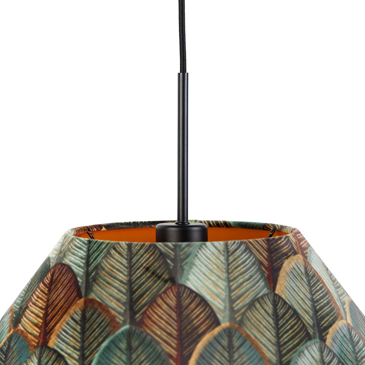 Hanglamp zwart met dubbele velours lampenkap blad dessin en beige - Combi 1