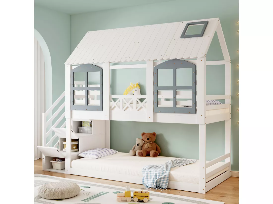 Lit superposé 90x200cm, lit d'enfant avec barrière anti-chute et 3 casiers de rangement dans l'escalier,Pin+MDF, blanc+gris,Sans matelas