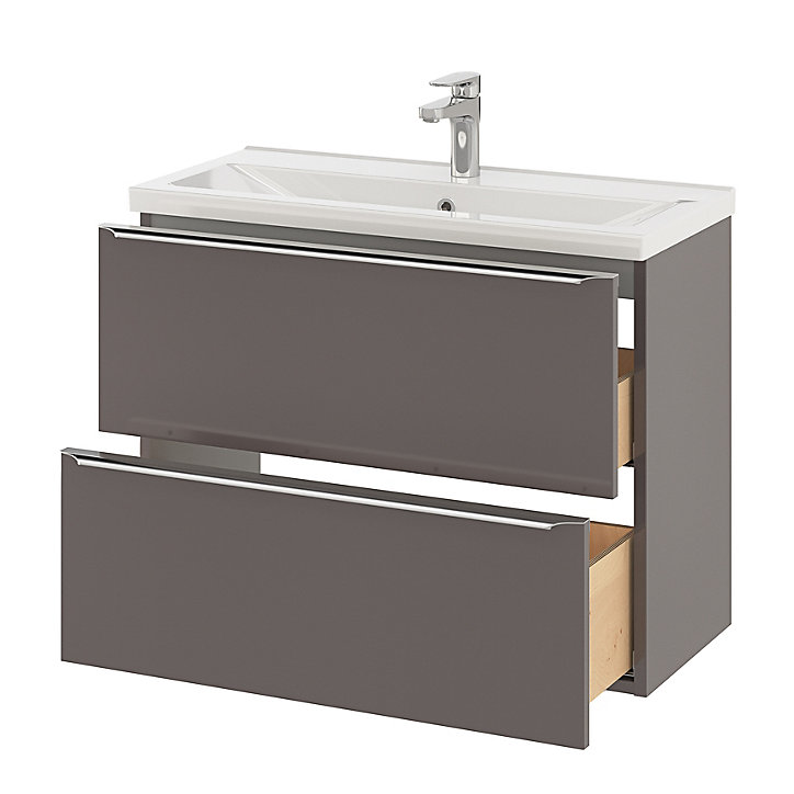 Ensemble salle de bains l.80 cm meuble à suspendre faible profondeur Imandra gris taupe brillant + plan vasque céramique blanc