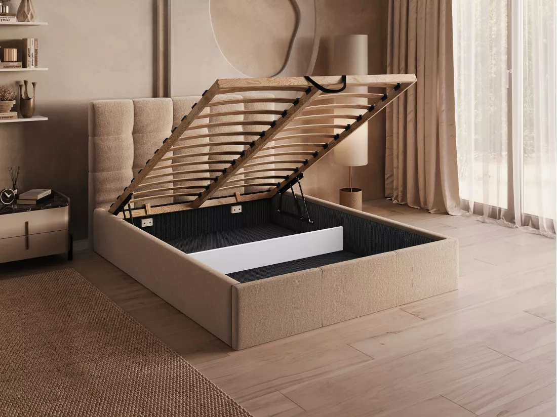 Lit coffre 140 x 190 cm - Velours - Beige + Matelas - MIRDAL de Pascal Morabito