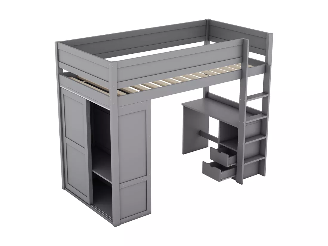 Lit mezzanine 90x200cm, lit enfant polyvalent, équipé d'armoire, bureau et tiroirs, échelle, sommier à lattes, pin, gris