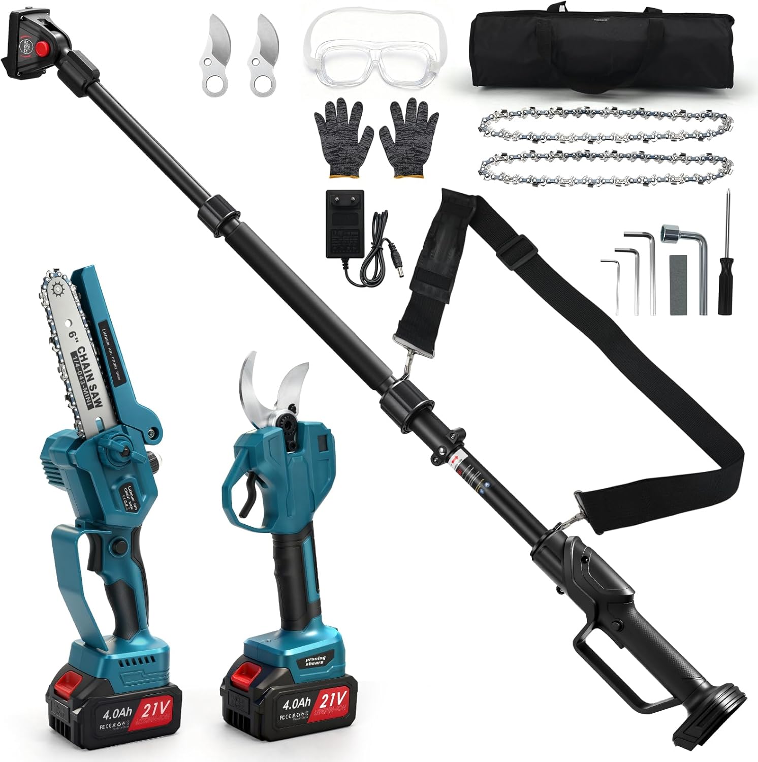 4 in 1 Akku Astschere Mini Kettensäge Teleskop mit 2x4Ah Akkus, 55 mm Elektrische Gartenschere, 6 Zoll Hochentaster Astsäge, Maximale Reichweite bis 4,1m, Bürstenlos Motor für Makita 18V