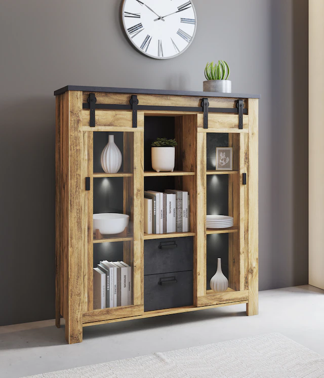 Home affaire Highboard »York, moderner Hochschrank, Vitrine in Hunton Oak, Industrialdesign« mit Scheunentorbeschlägen & Apothekergriffen aus Metall, 150 cm hoch