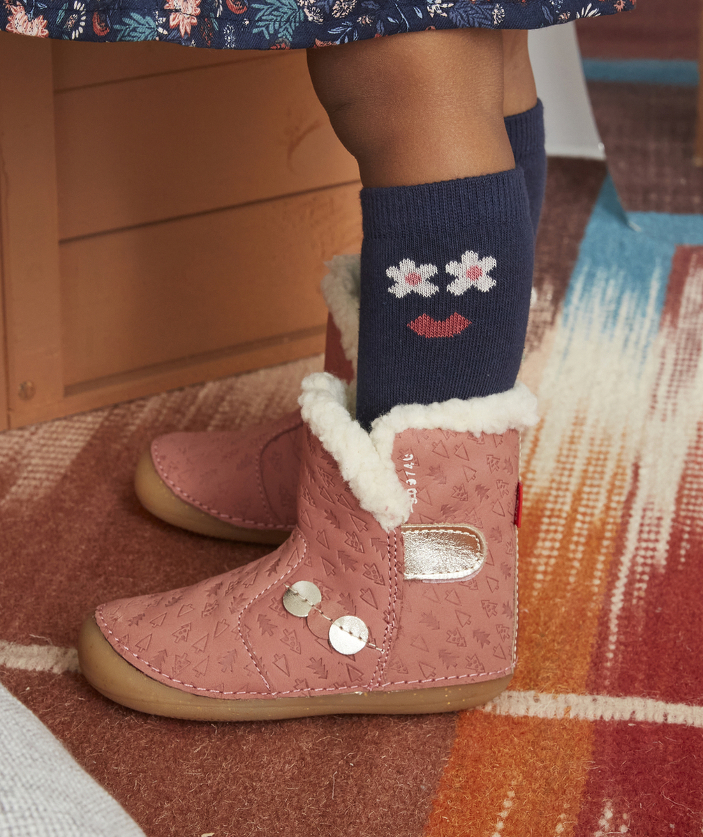 KICKERSBOTTINES BÉBÉ FILLE EN CUIR ROSE AVEC SAPINS ET SHERPA