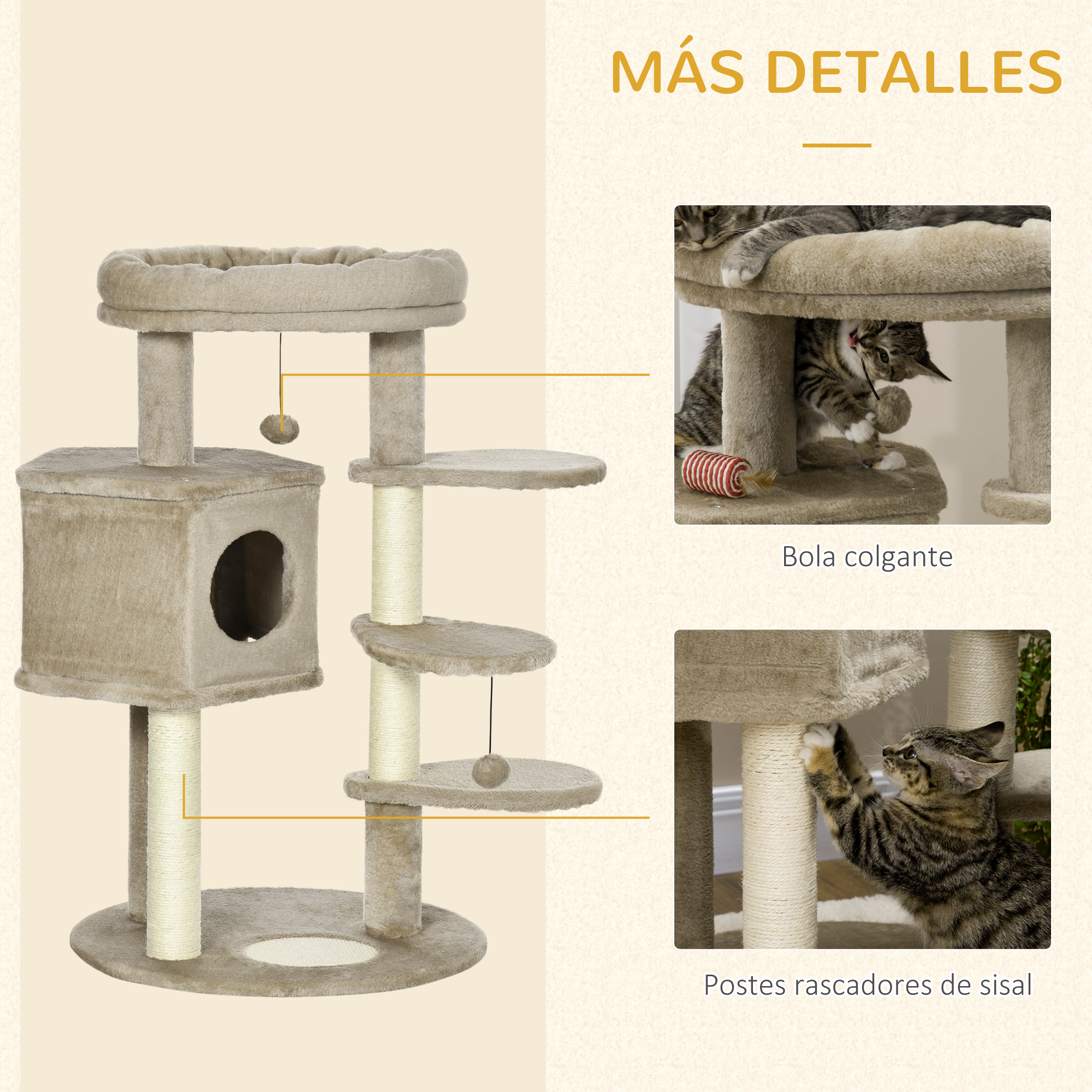 Árvore para Gatos PawHut para Gatos Pequenos, 94 cm de Altura, Torre para Gatos com Cama no Topo, Caverna, 3 Escadas, Bolas Penduradas e Postes de Sisal, 55x55x94 cm, Marrom