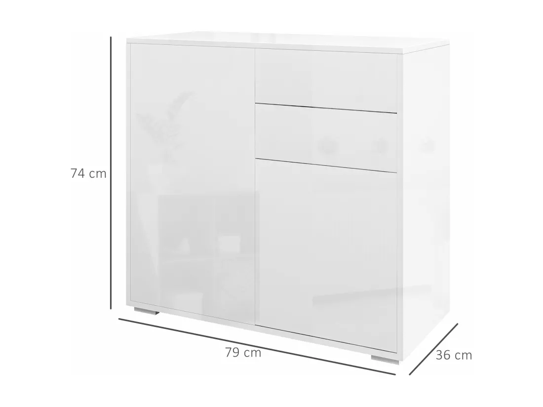 Commode buffet meuble de rangement 2 tiroirs 2 portes avec étagère 79 x 36 x 74 cm blanc laqué