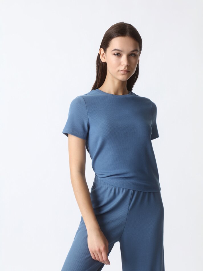 Calça de pijama canelada - Azul Petróleo