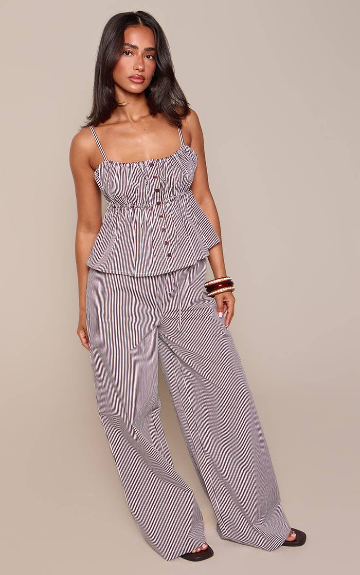Chocolat Pantalon Petite À Rayures Fines En Coton Avec Taille Élastiquée Ensemble Coordonné