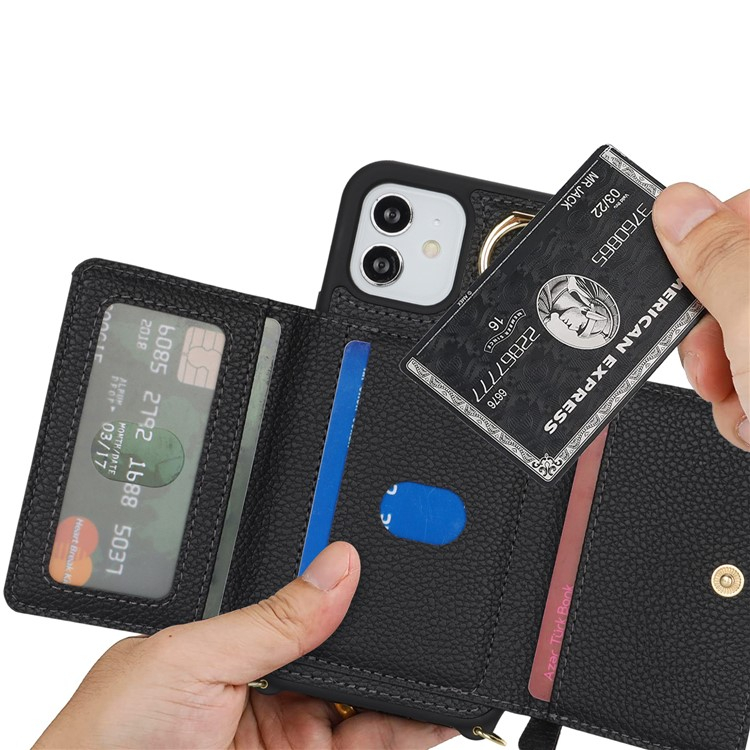iPhone 12 / iPhone 12 Pro Necklace Leder Hülle mit Münzfach und Kartenfächer   Finger Griff Halterung   Handykette - Schwarz